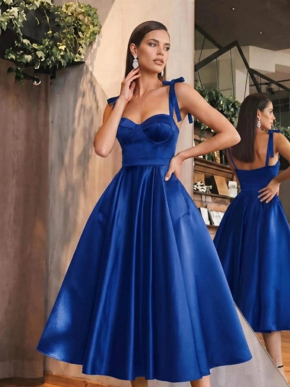 TS Couture Blue Satin Tie Strap A-Line Dress with Pockets and Petticoat NWT